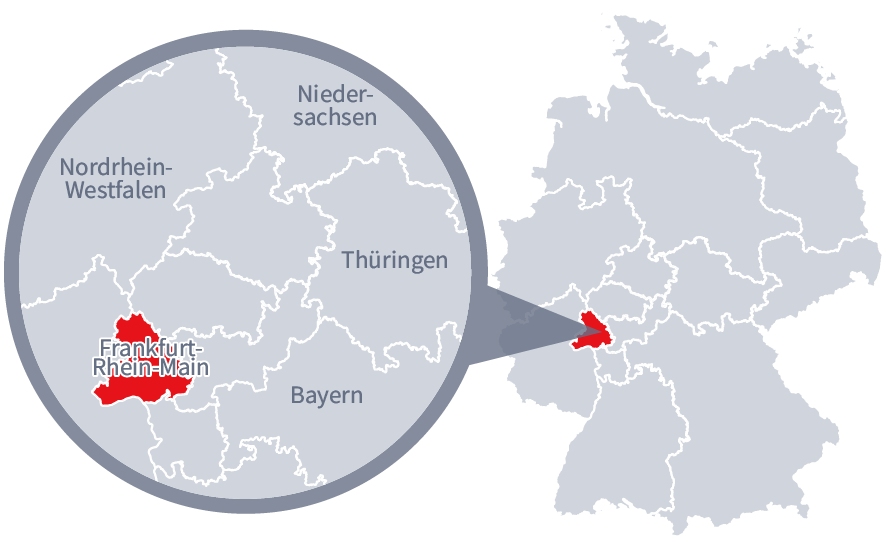 Diese Grafik zeigt eine Karte von Deutschland mit einer detaillierten Ansicht der Region Frankfurt-Rhein-Main. Frankfurt-Rhein-Main ist in Rot hervorgehoben und liegt im westlichen Teil Deutschlands. Ein Lupensymbol vergrößert diesen Bereich, um die Lage genauer darzustellen. 